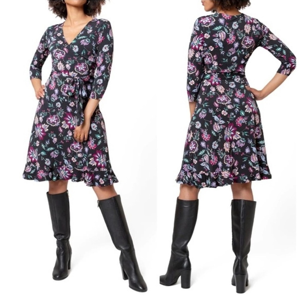 Leota Floral Faux Wrap‎ Dress Ruffled hem above knee v-neck 3/4 sleeves Feminine